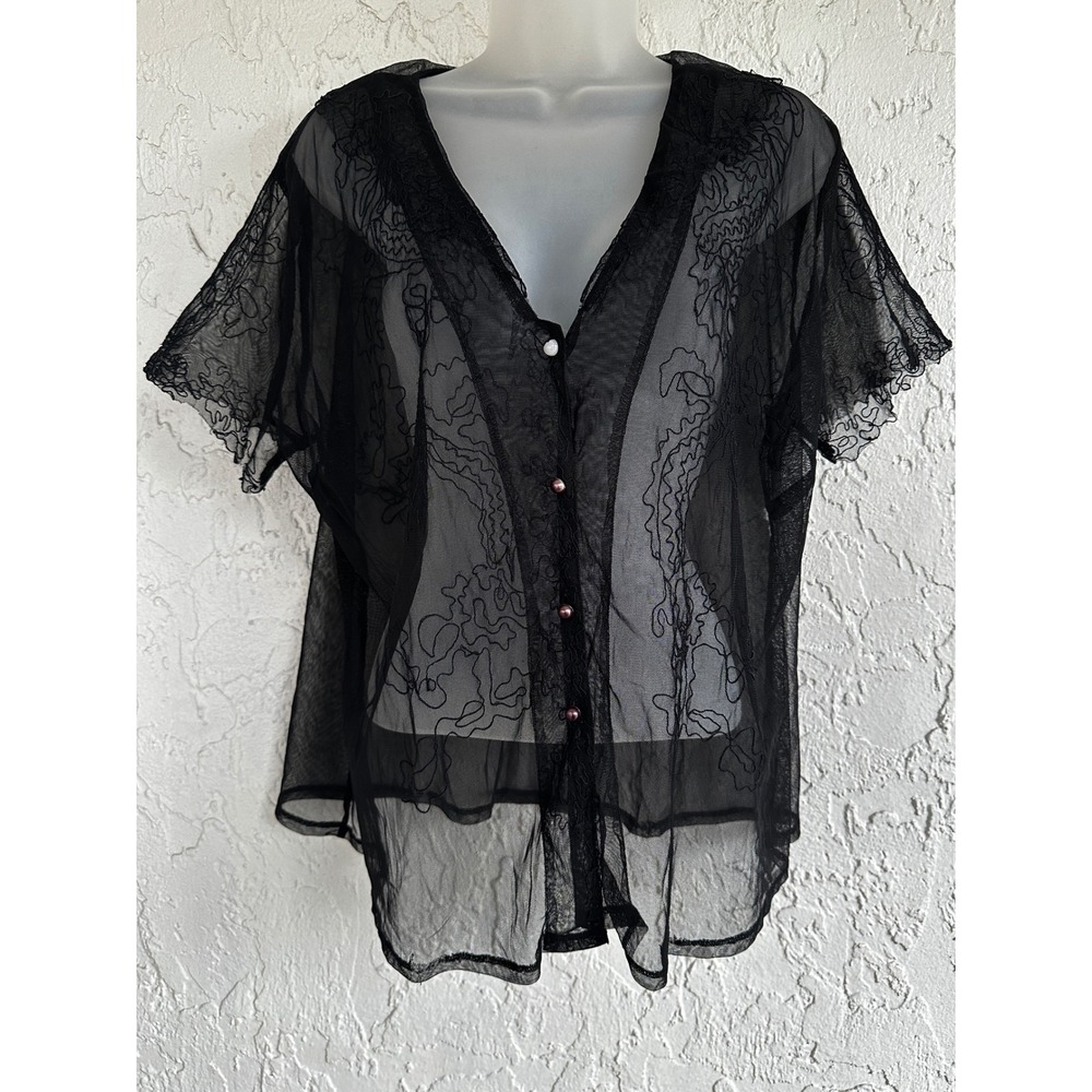 Vintage Black Sheer Mesh Embroidered Button Up Blouse Ruffle Boxy Floral Top L